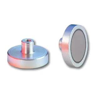 Samarium Cobalt pot magnet with threaded bushing, galvanized