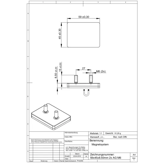Neodymium magneetsysteem in rubber, rechthoekig met draadgat
