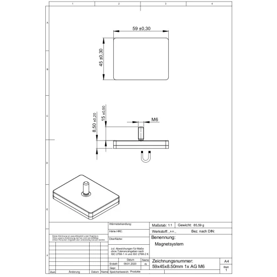 Neodymium magneetsysteem in rubber, rechthoekig met draadgat