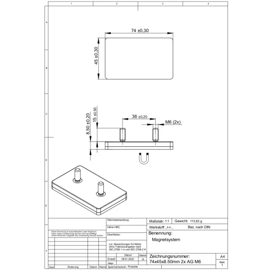 Neodymium magnet system in rubber, rectangular with threaded hole