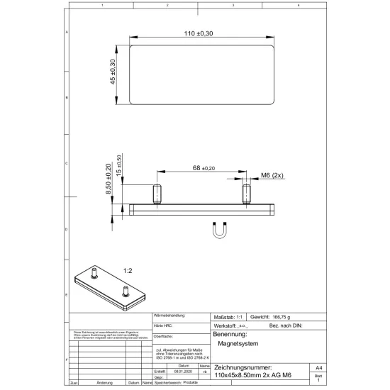 Neodymium magnet system in rubber, rectangular with threaded hole