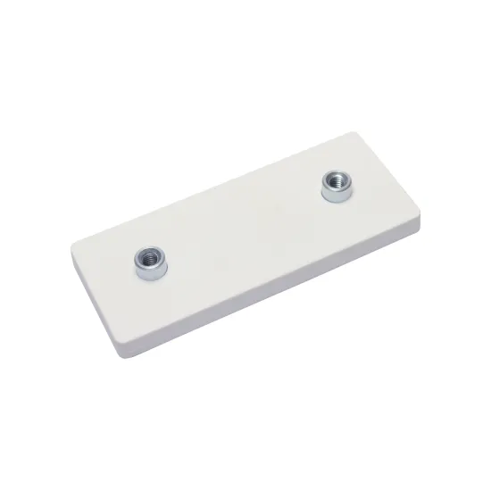 Neodymium magneetsysteem in rubber, rechthoekig met 2 x draadgat wit 110 x 45 mm