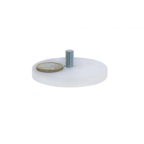 Neodym-Magnetsystem, mit Gummiüberzug und Gewindezapfen weiß, Ø66 mm Neodym-Magnetsystem, mit Gummiüberzug und Gewindezapfen weiß, Ø66 mm