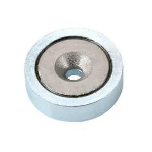 Samarium cobalt pot magnet, flat with continuous countersunk hole galvanized