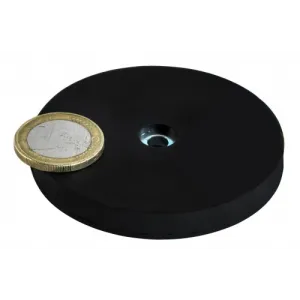 Neodymium magnet system in rubber with hole, black, 66 mm