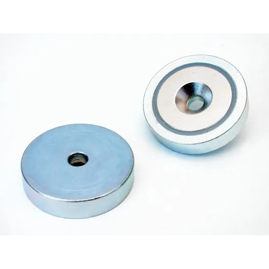 Neodymium pot magnet with continuous countersunk hole, galvanized and super powerful.